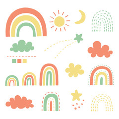 Doodles rainbow clip arts set vector illustration.