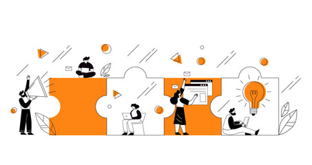 The concept of joint teamwork, building a business team. Vector illustration of working characters, people connecting pieces of puzzles.