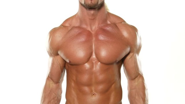 Close up young muscular man bodybuilder with a bar exercises the biceps, isolated on white studio background.