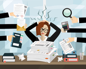 Person at work multitasking, stress in office. Business woman surrounded by hands with office things.