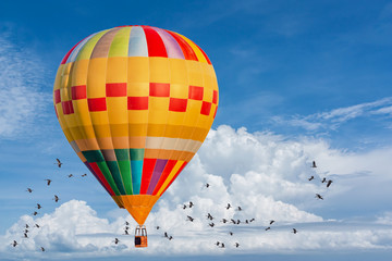 Beautiful landscape hot air balloons flying over blue sky with flock of birds