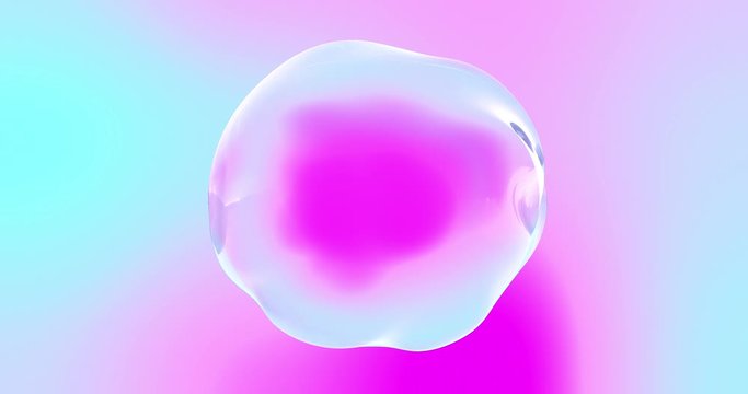 Soap bubble with transparent surface on iridescent color gradient background. Abstract distorted shape sphere or water drop bubble