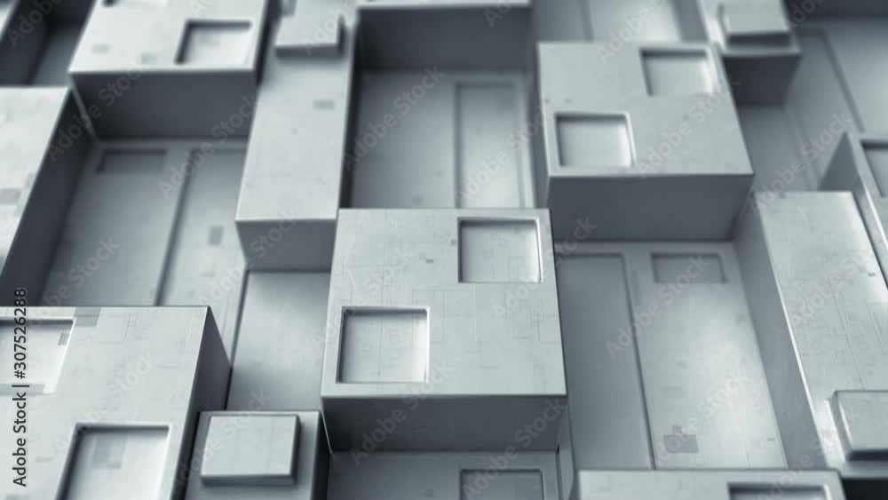 Poster sci-fi metallic grey panel with cubic clusters. futuristic technology concept. seamless loop 3d rend