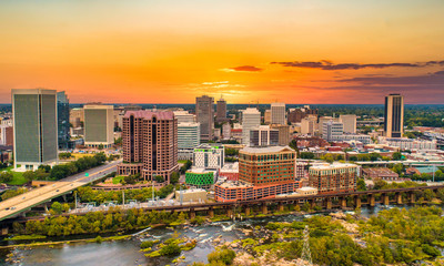 Richmond, Virginia, USA Drone Skyline Aerial at Sunset