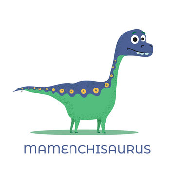 Cute dinosaur Mamenchisaurus cartoon drawn for tee print. Vector