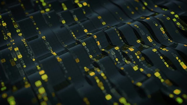 Yellow HEX computer code on curved screen. Futuristic information technology concept. Seamless loop 3D render animation with DOF