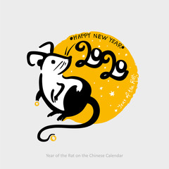 Handwritten Rat 2020 on the background of yellow round stamp. Year of the rat New Year on the Chinese calendar.