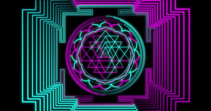 Abstract neon flying geometric tunnel with Sri Yantra Mandala. Seamless loop 4k background. Futuristic corridor with Neon Lights. Virtual reality design 3d render. Beautiful mandala pattern for Diwali
