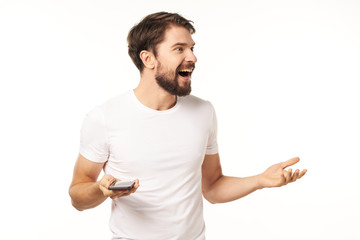 Fototapeta premium young man pointing at something interesting