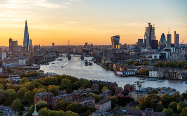 Aerial view of the City of London at sunset