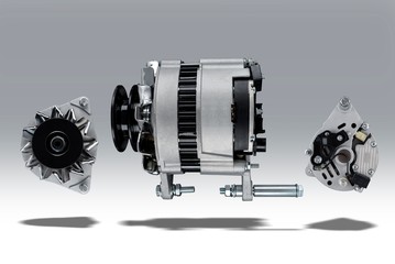 Alternator for agricultural machinery like tractor or combine-harvester placed on gray isolated background with shadow.