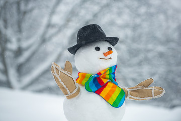Happy smiling snow man on sunny winter day. Handmade snowman in the snow outdoor. Snowman in a...