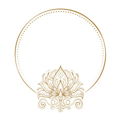 Vector ethnic style frame on a white background with sacred lotus decoration.