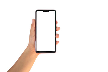 The hand is holding the white screen, the mobile phone is isolated on a white background with the clipping path.