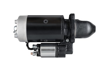 3kW starter motor for tractor or other agricultural machinery placed on white isolated background.