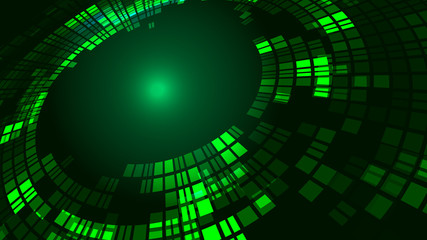 Color block composition glows in a rotating abstract technology background