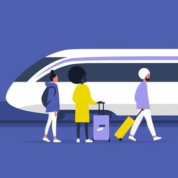 High speed train locomotive, a group of young adult characters standing and walking on a platform with their luggage