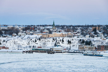 Cityscape View of Levis City on South Shore of Saint Lawrence River by Ferry Boat Crossing Connects...