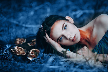 Color of the year 2020, classic blue, beautiful fantasy woman outdoor, toned photo