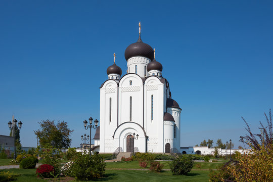 White stone religious building of Christian Orthodox church. Temple of All Saints, Uman, Cherkaska oblast, Ukraine.