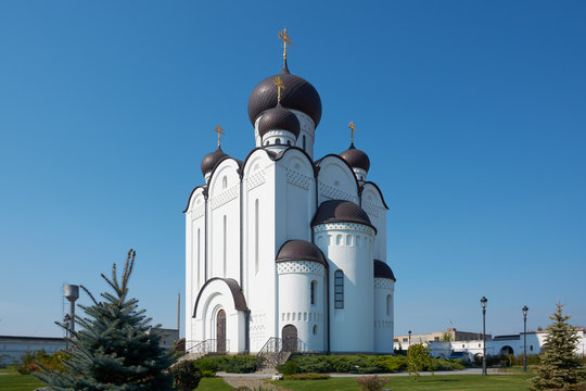 White stone religious building of Christian Orthodox church. Temple of All Saints, Uman, Cherkaska oblast, Ukraine.