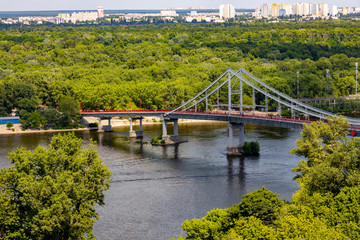  Beautiful view of Kiev, Ukraine. Aerial Dnieper river view and Patona bridge , Kiev landscape.