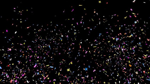 Triple explosion of multi-colored confetti falling on a black and green background. Festive 3d animation