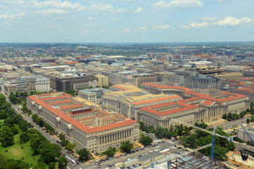 US Commerce Department, Andrew W Mellon Auditorium, Ronald Reagan Building and Old Post Office in Federal Triangle aerial view from the top of Washington Monument, Washington, District of Columbia DC,