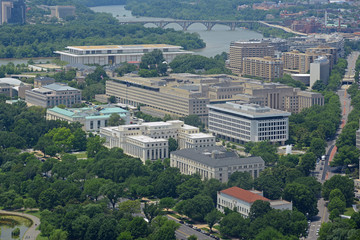 Fototapeta na wymiar National Academy of Sciences, Federal Reserve Building, and South Interior Building aerial view from top of the Washington Monument in Washington, District of Columbia DC, USA.