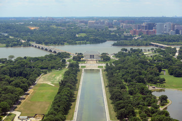 Lincoln Memorial aerial view from Washington Monument from the top of Washington Monument in Washington, District of Columbia DC, USA.