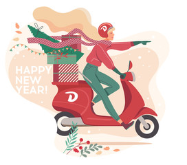 Merry Christmas and New Year delivery. Young woman on a scooter delivers gifts and christmas tree to order, flat vector illustration