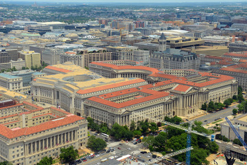 Washington Federal Triangle including Andrew W Mellon Auditorium, Ronald Reagan Building and Old Post Office aerial view from the top of Washington Monument, Washington, District of Columbia DC, USA.