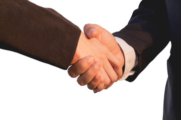Executive shaking hands for partnership and isolated on white background.