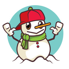 Merry Christmas. Cartoon cute snowman with red cap on blue circle background. - vector character