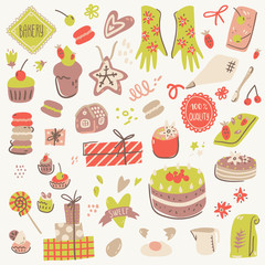 Hand made bakery, ingredients, packaging and cooking utensils. Cute simple style