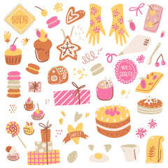 Hand made bakery, ingredients, packaging and cooking utensils. Cute simple style