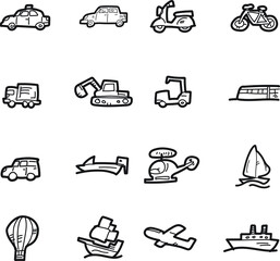 The doodle vehicle icon set.