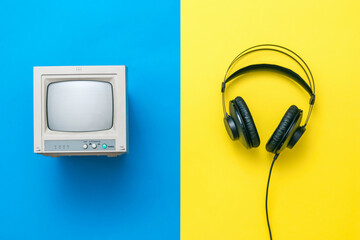 Retro monitor and black headphones on yellow and blue background.