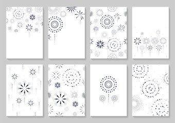 Set of greeting card decorated with fireworks. Cartoon style. Vector illustration.