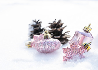 Christmas - Baubles Decorated, Pink xmas balls, Pine And Snowflakes In Snowing Background