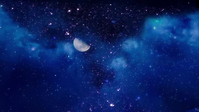Universe flyby video wherein the camera flies through clouds and twinkling stars. Moon is seen in background as it is a night sky.