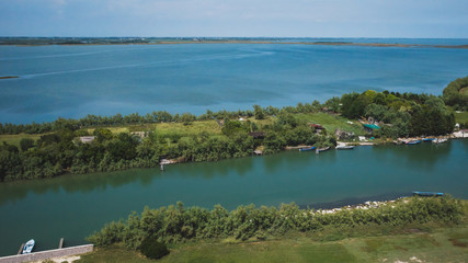 View of island of Torcello and lagoon, from bell tower of Cathedral of Santa Maria Assunta, Torcello, Venice, Italy
