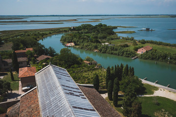 View of island of Torcello from bell tower of Cathedral of Santa Maria Assunta, in Torcello, Venice, Italy