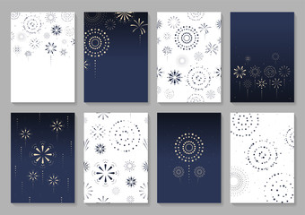 Set of greeting card decorated with fireworks. Cartoon style. White and dark blue background. Vector illustration.