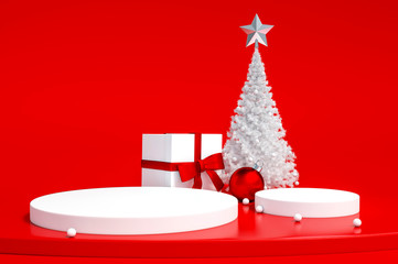 White christmas tree, gift box and christmas ball Ornaments object group with podium display stand...