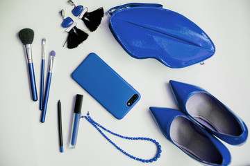 Blue shoes, cosmetics and accessories.