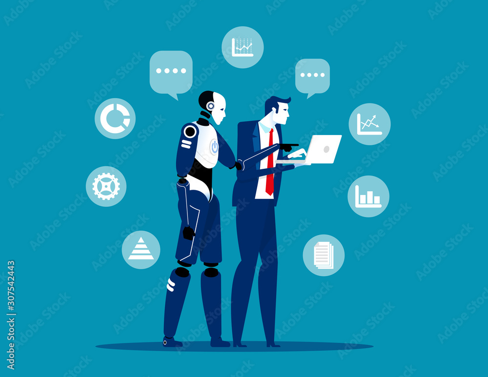 Wall mural robot and human working at office. concept business artificial intelligence technology vector illust