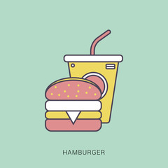 Burger with soft drink vector icon. Red and green color with outline concept.