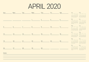 April 2020 desk calendar vector illustration