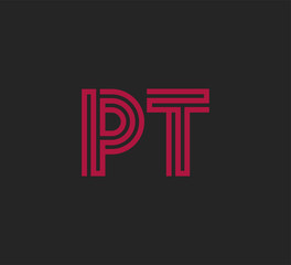 Initial two letter red line shape logo on black vector PT